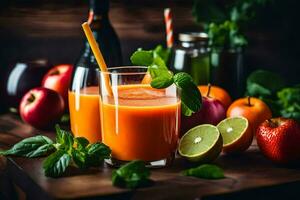 en glas av orange juice med färsk frukter. ai-genererad foto