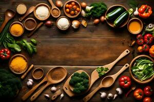 olika typer av grönsaker och kryddor på en trä- tabell. ai-genererad foto