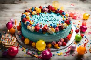 en blå födelsedag kaka med ballonger och konfetti. ai-genererad foto