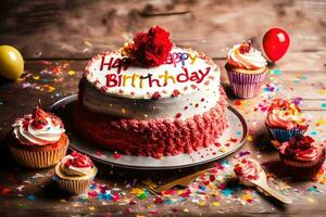 en födelsedag kaka med röd glasyr och cupcakes. ai-genererad foto