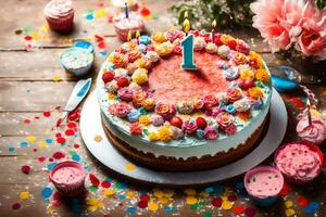 födelsedag kaka med siffra ett på topp. ai-genererad foto