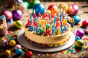 en födelsedag kaka med ljus på den och färgrik konfetti. ai-genererad foto
