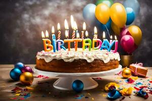 en födelsedag kaka med belyst ljus på topp. ai-genererad foto