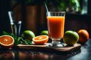 ett orange juice med en sugrör och några äpplen. ai-genererad foto
