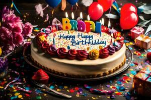 Lycklig födelsedag kaka med ljus och ballonger. ai-genererad foto