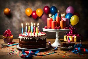 födelsedag kaka med ljus och ballonger på en tabell. ai-genererad foto