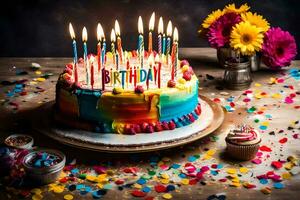 en födelsedag kaka med ljus på topp av en tabell. ai-genererad foto