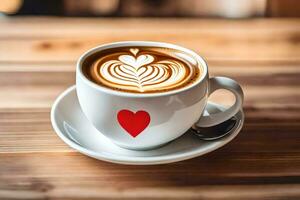 en kopp av kaffe med en hjärta dragen på Det. ai-genererad foto