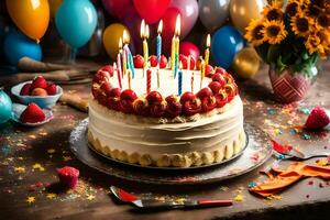 födelsedag kaka med ljus och jordgubbar. ai-genererad foto