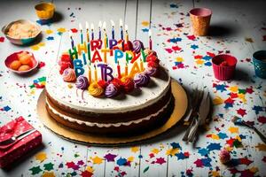 en födelsedag kaka med ljus på den är omgiven förbi konfetti. ai-genererad foto