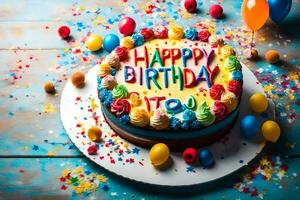Lycklig födelsedag kaka med färgrik konfetti och ballonger på en trä- bakgrund. ai-genererad foto
