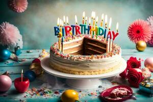 en födelsedag kaka med ljus på de topp. ai-genererad foto
