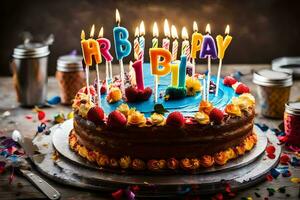 en födelsedag kaka med belyst ljus på topp. ai-genererad foto