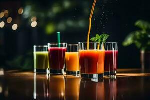 juice varelse hällde in i glasögon av annorlunda färgad juicer. ai-genererad foto