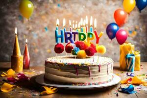 en födelsedag kaka med ljus och färgrik ballonger. ai-genererad foto