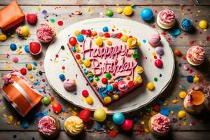 Lycklig födelsedag kaka med färgrik konfetti på en trä- bakgrund. ai-genererad foto