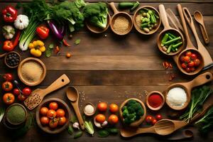 en cirkel av grönsaker och kryddor på en trä- tabell. ai-genererad foto