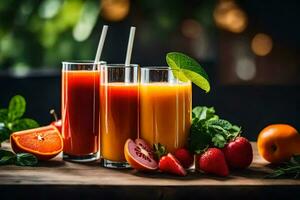 tre glasögon av juice med jordgubbar, apelsiner och mynta. ai-genererad foto