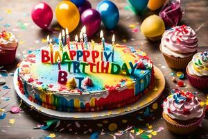 födelsedag kaka med ljus och ballonger. ai-genererad foto