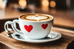 en kopp av kaffe med hjärtan på Det. ai-genererad foto