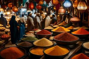 en marknadsföra med många färgrik skålar av kryddor. ai-genererad foto
