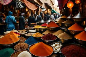 kryddor och kryddor i de souk av marrakech. ai-genererad foto