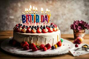 en födelsedag kaka med ljus och frukt. ai-genererad foto