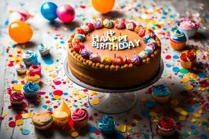 en födelsedag kaka med färgrik konfetti och ballonger. ai-genererad foto