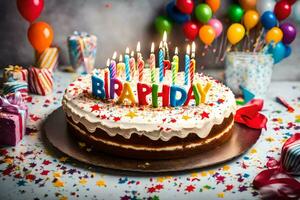 en födelsedag kaka med ljus och färgrik konfetti. ai-genererad foto