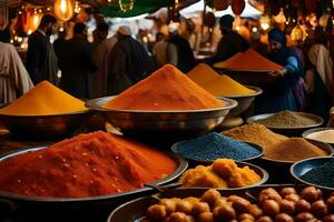 kryddor och kryddor på de souk i marrakech. ai-genererad foto