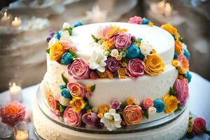 en bröllop kaka dekorerad med färgrik blommor. ai-genererad foto