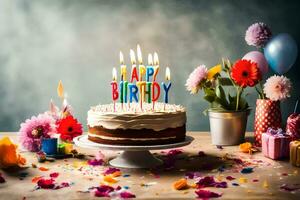 en födelsedag kaka med ljus på den och blommor. ai-genererad foto