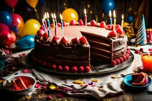 en choklad födelsedag kaka med ljus på Det. ai-genererad foto