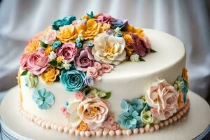 en kaka dekorerad med färgrik blommor på topp. ai-genererad foto