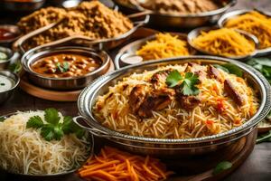 indisk mat maträtter i skålar och skålar. ai-genererad foto