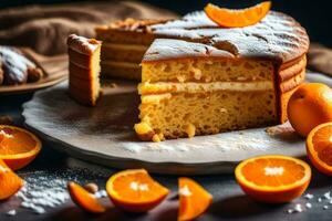 en skiva av kaka med orange skivor på en tallrik. ai-genererad foto