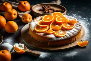en kaka med apelsiner på en tallrik. ai-genererad foto
