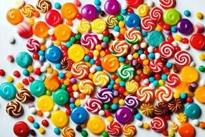 en lugg av färgrik godis godis på en vit yta. ai-genererad foto