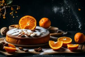 en kaka med apelsiner och mandlar på en tabell. ai-genererad foto