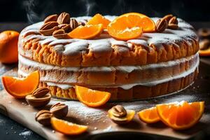 en kaka med apelsiner och pekannötter på en trä- styrelse. ai-genererad foto