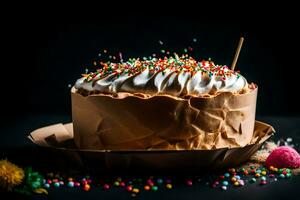 en kaka med strössel och en ljus på topp. ai-genererad foto