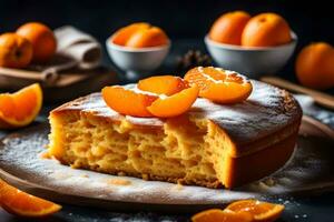 en skiva av kaka med orange skivor på en tallrik. ai-genererad foto