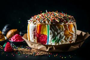 en kaka med färgrik strössel och glasyr. ai-genererad foto