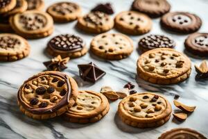 choklad chip småkakor på en marmor bänkskiva. ai-genererad foto