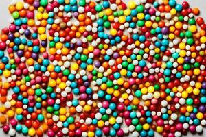 en lugg av färgrik godis bollar på en vit yta. ai-genererad foto
