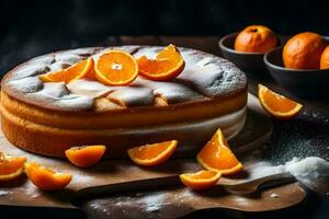 orange kaka med pulveriserad socker på en trä- tabell. ai-genererad foto