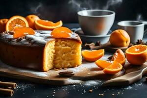 en kaka med apelsiner och kryddor på en skärande styrelse. ai-genererad foto
