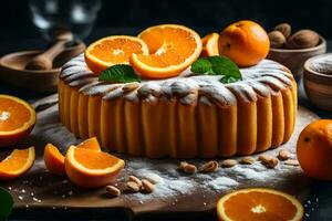 en kaka med apelsiner och nötter på en tabell. ai-genererad foto