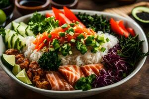 en skål av sushi med ris, grönsaker och lax. ai-genererad foto