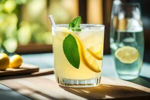 en glas av citronsaft med mynta löv på topp. ai-genererad foto